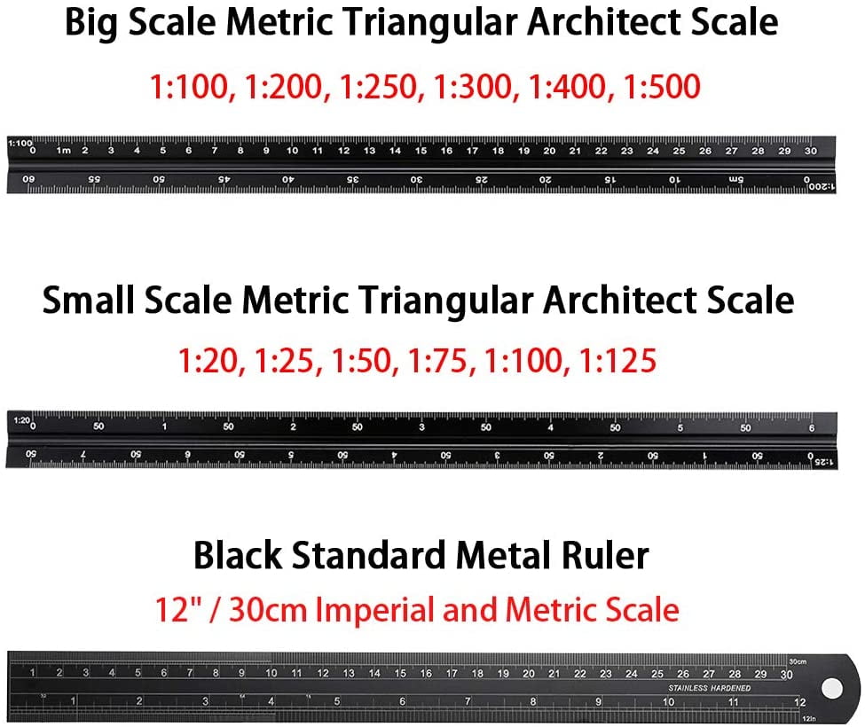 Professional Grade Solid Aluminum 1:20 Metric Triangular Engineer Scale Ruler 1:125 1:50 1:75 30cm Metric Engineering Architectural Mechanical Drafting Ruler Black 1:100 1:25 