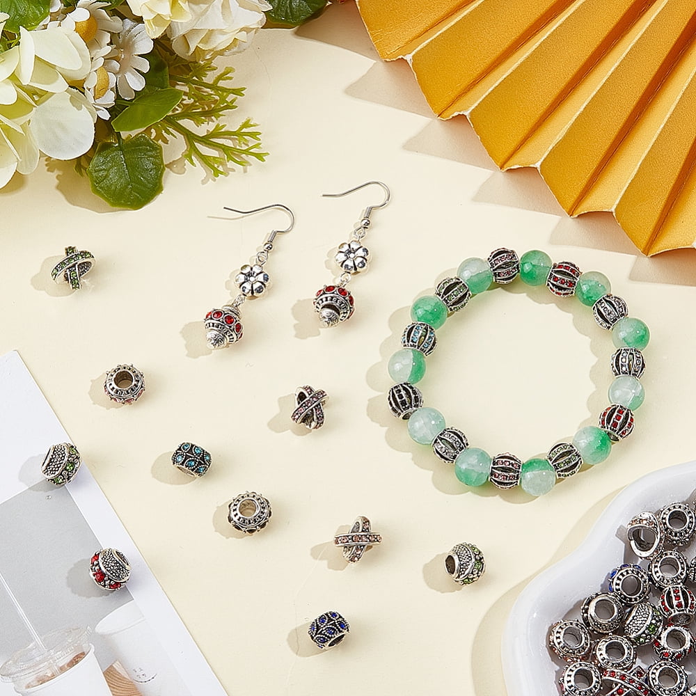 5 Styles 70PCS European Large Hole Beads Alloy Rhinestone Silver Barrel Letter X Rondelle Leaf Metal Charms Loose Spacer Bead