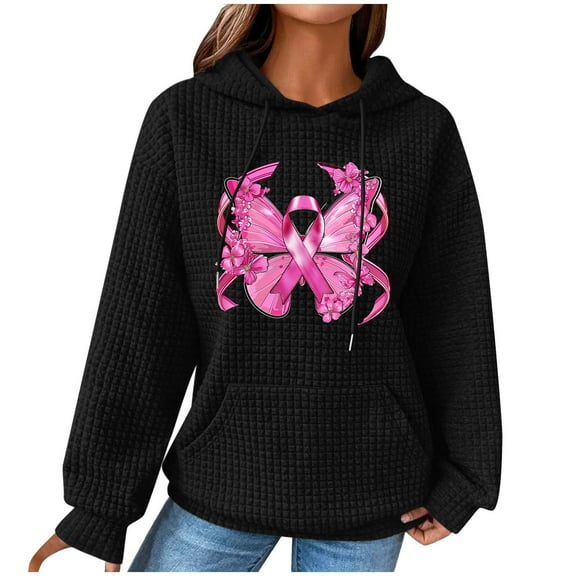 Abomasnow Womens Waffle Knit Sweatshirt Breast Cancer Awareness Hoodies, Drawstring Graphic Print Hoodies Casual Loose Fit Fall Winter Pullover Hoodie Sweatshirts