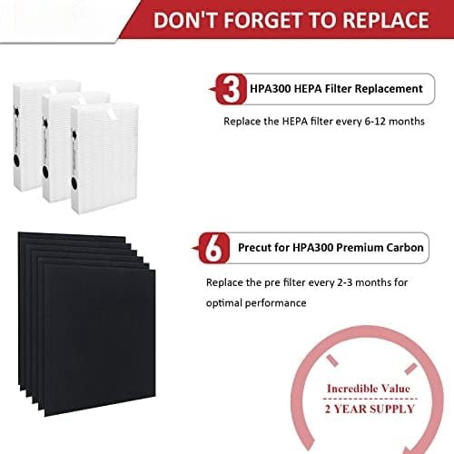 HPA300 HEPA Filter Replacement for Honeywell Air Purifier 3 HEPA R Filters and 6 Pre-cut A Carbon Pre-filter by