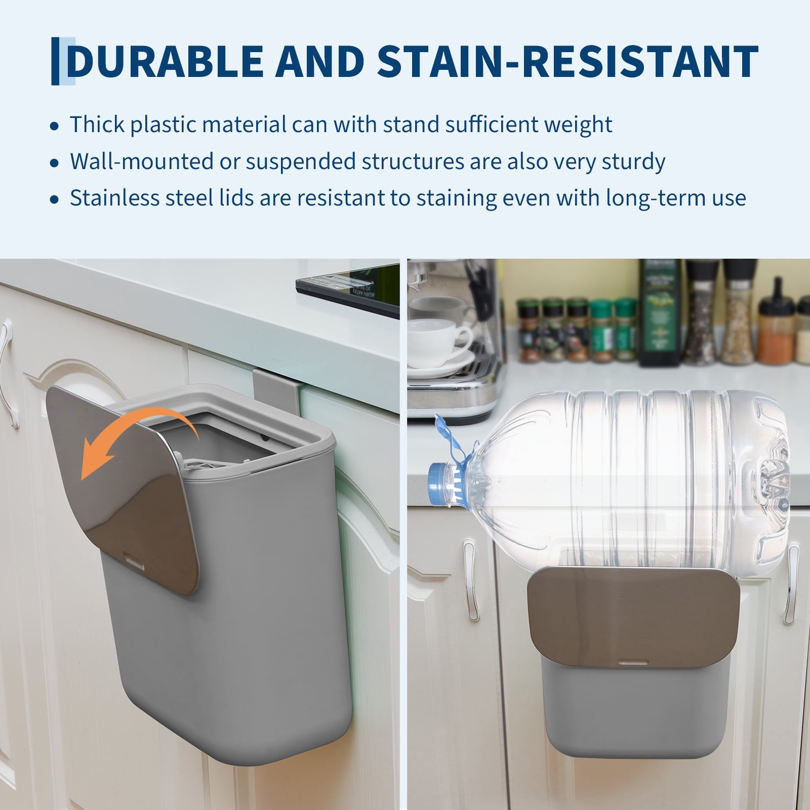 2.4 Gallon Kitchen Hanging Small Trash Can with Stainless Steel Lid, Odor-Free Compost Bin, Space-Saving Garbage Can for Cabinet, Under Sink, RV, Bathroom, Grey
