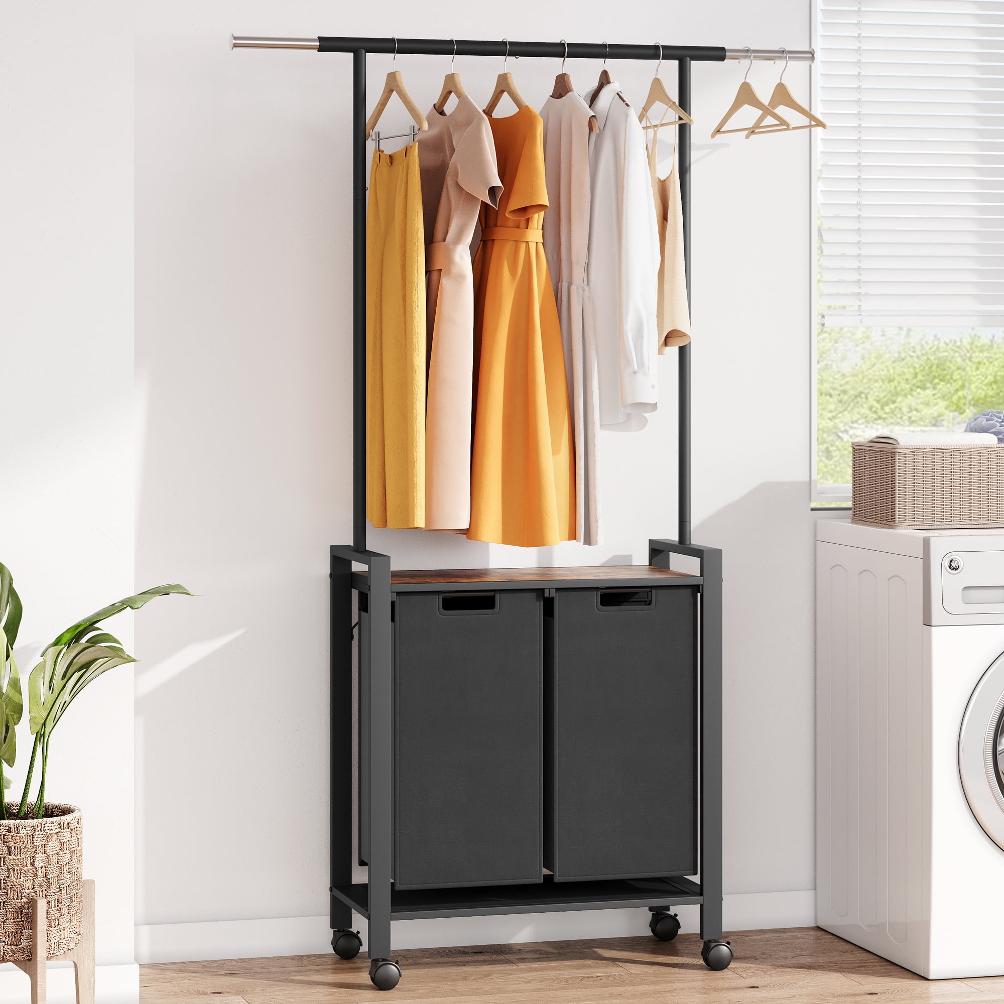 Laundry Sorter with Hanging Bar,Rolling Laundry Hamper Section with Wheels,Laundry Basket Organizer with Removeable Bag for Bathroom Bedroom Laundry Room