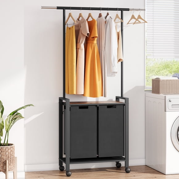 Carro clasificador de ropa eficiente para lavandería - 2 compartimentos - estante de madera robusto - barra para colgar prendas - cestos extraíbles con ruedas - ideal para dormitorio, baño o lavadero