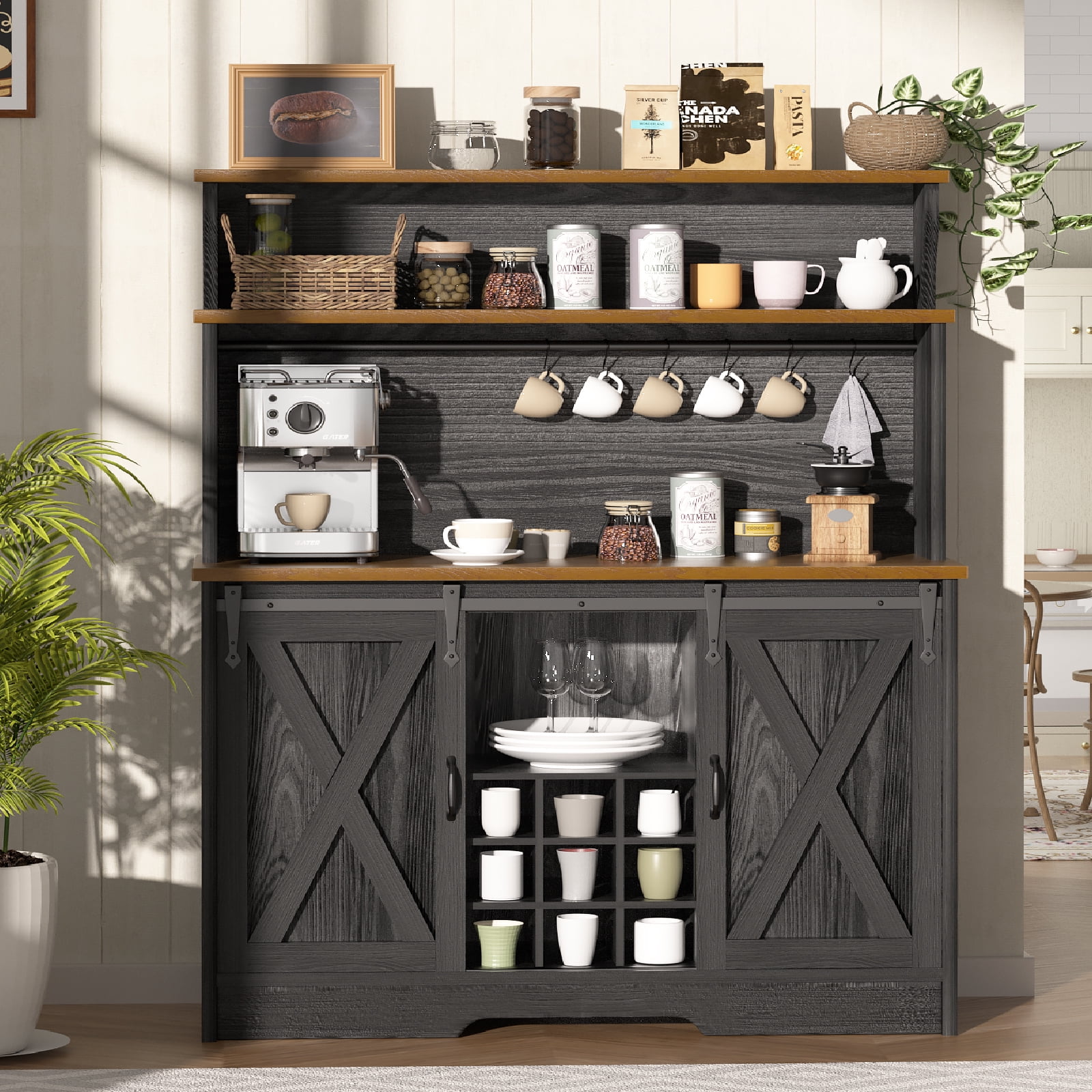 Farmhouse Coffee Bar Cabinet with 3 Tier Storage Hutch, 47'' Coffee Bar Station with Sliding Barn Door, Hutch Storage Cabinet with 9 Wine Racks & 9 Hooks for Kitchen Dining Living Room