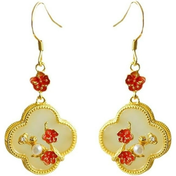 14K Gold over S925 Real Natural Jade Plum Blossom Earrings, Enamel Vintage Style Dangle Earrings, Delicate Jade Jewelry Gift for Wife's Elegance
