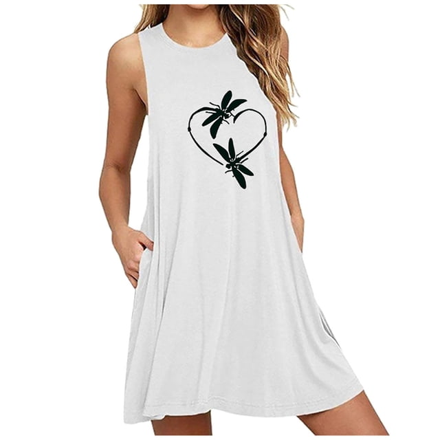 ICHUANYI ClearanceFashion Womens Pocket Printing Sleeveless Casual Nightdress Dresses(White, L) ICHUANYI WER20232080504655
