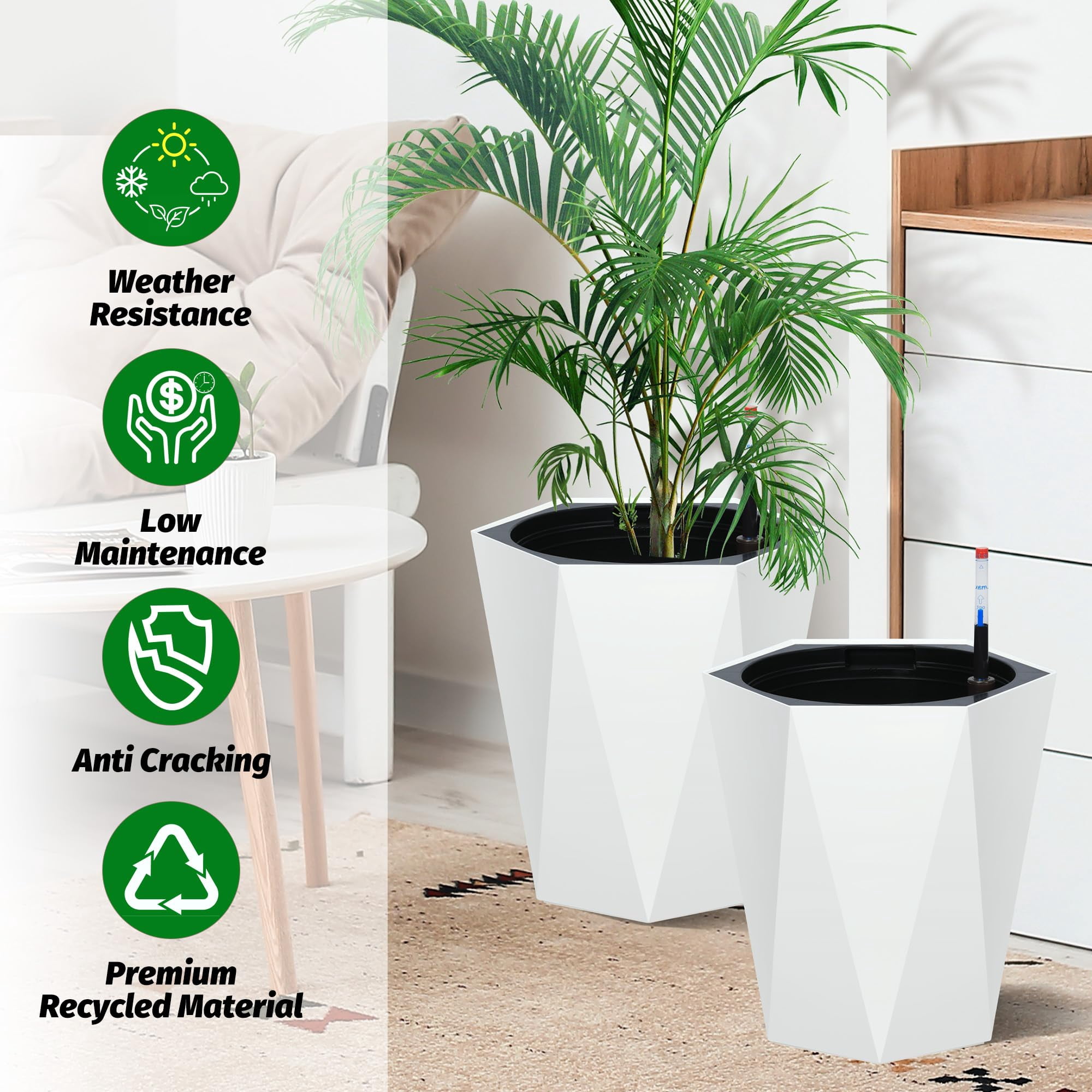Kojooin 16 Inch Tall Diamond Planters Set of 2, Self Watering Planters with Water Level Monitor and Wheels, Flower Pots Outdoor and Indoor for Patio, Porch, Living Room, Home Office