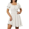 thumbnail image 1 of Grande Remise, Robe Mini à Manches Courtes avec Encolure Plissée à la Taille et Dos Ouvert pour Femmes, Robe Mini Coquette à Lacets avec Taille Plissée et Manches Courtes, Parfaite pour la Mode Estivale Incontournable, 1 of 5