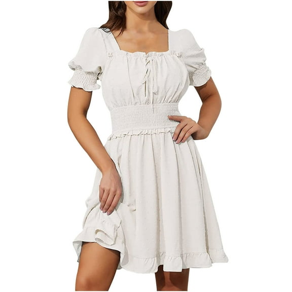 XuJwPNcy Summer Dresses for Women Smocked Elastic Waist Mini Dresses Short Sleeve Backless Tie Back Dress