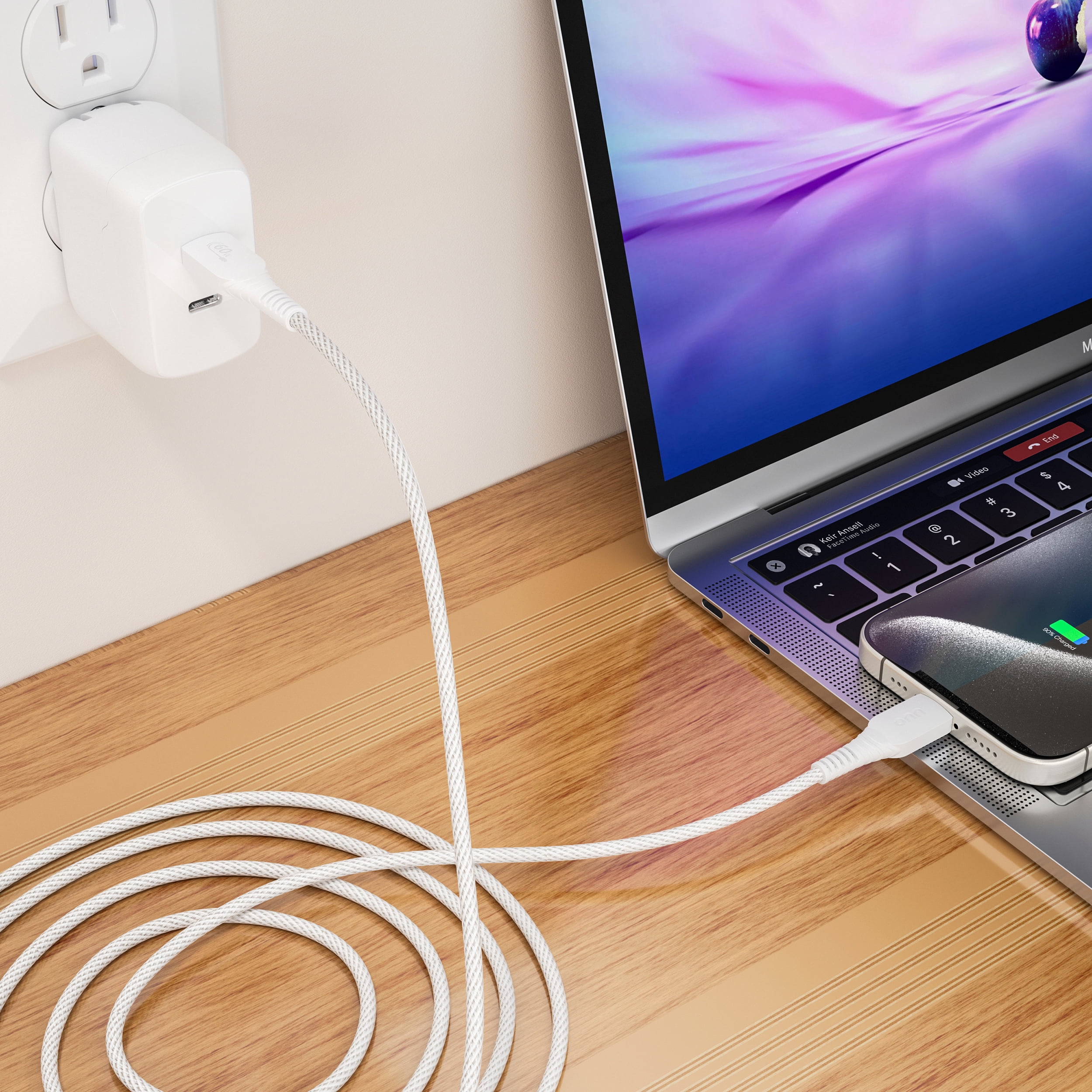 (2 pack) onn 3ft USB-C To USB-C Braided Charging Cable, USB-IF Certified, White - Compatible with iPhone 16 Series, iPhone 15 Series, Samsung Galaxy, Note, Pixel Devices iPad Pro, & More