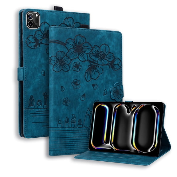 FJLBDE Case for iPad Air 11 (M3 2025 / M2 2024) iPad Air 4 & 5 10.9 Inch (2020/2022) with Stand, Card Slot, Auto Wake/Sleep, Embossed Cat PU Leather Folio Cover with Pen Holder, Blue