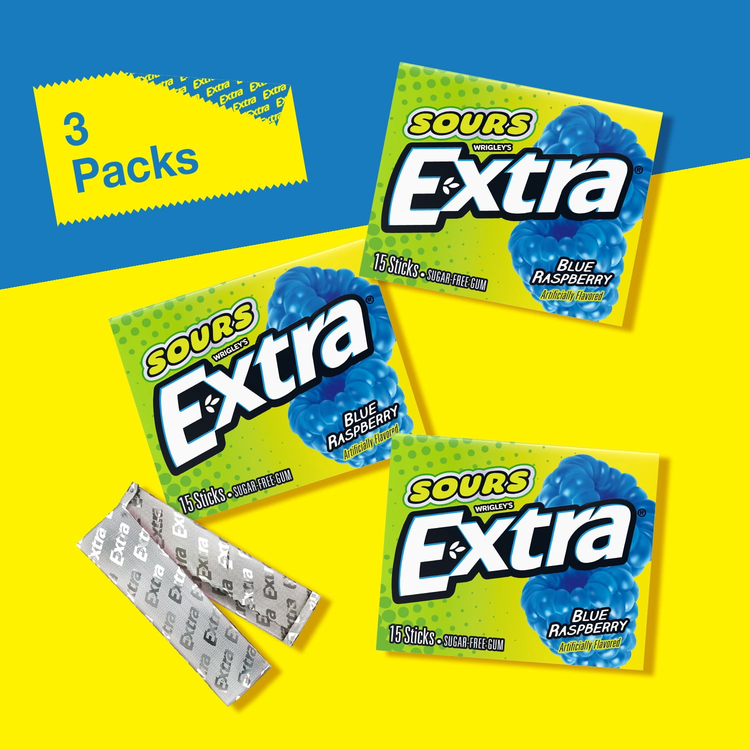Extra Sours Blue Raspberry Sugar Free Chewing Gum - 3 Pack