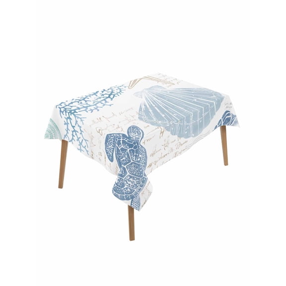 Blue Coastal Nautical Rectangle Tablecloth, Beach Sea Turtle Ocean Coral Starfish Waterproof & StainResistant Tablecloth, Oil-proof Table Cover for Dining/Party/Wedding/Camping/Buffet 60x84 In