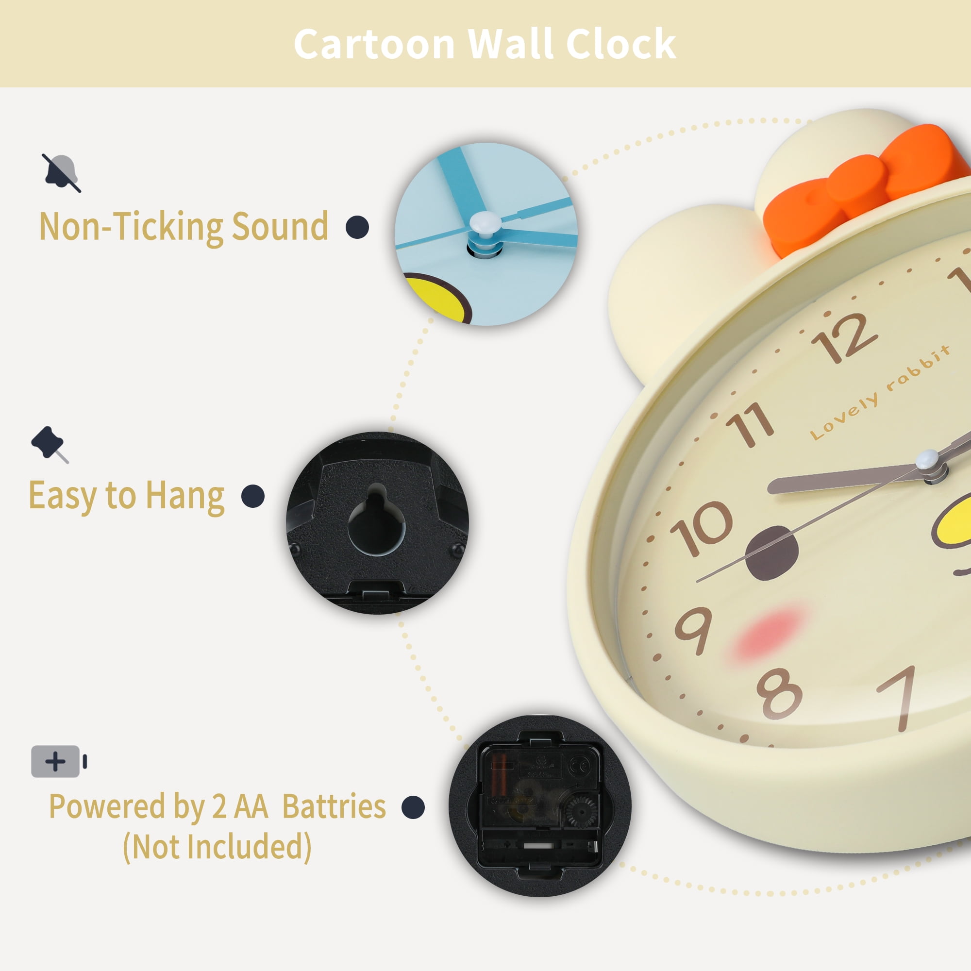 Unique Bargains 1pc Cute Bunny Face 3D Rabbit Wall Clock 13" x 10" x 1.5" Light Yellow