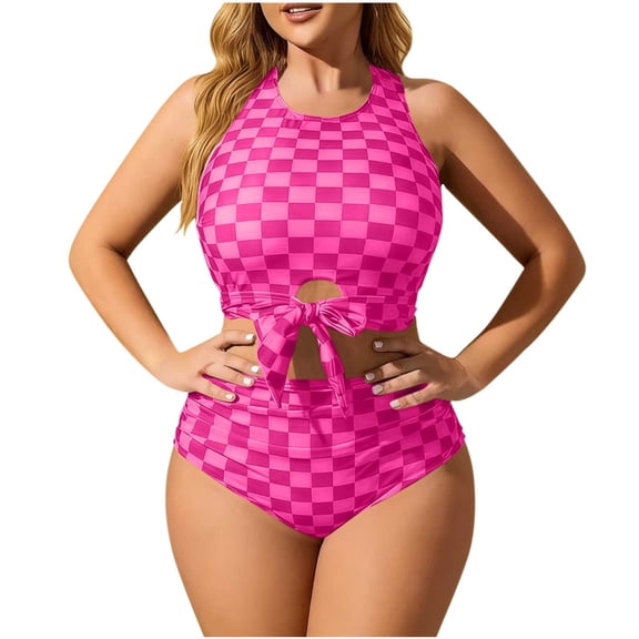 Fewfanhot Plus Size Swimsuit for Women High Neck Tropical Leaf Print High Waisted Two Pieces Swimsuits Bathing Suits
