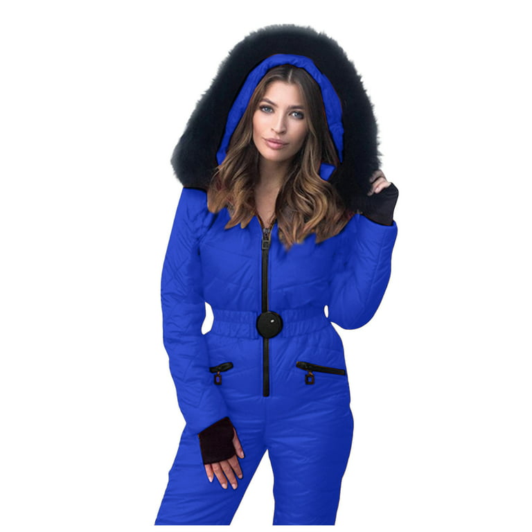 One Piece Ski Suit Women Thicken Snowsuit Zipper Winter Sports Windproof  Rain Fur Collar Jumpsuit Coat at  Women’s Clothing store