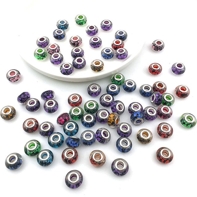 Mezcla de 50 piezas de cuentas de colores con agujeros grandes, estilo moderno, muchos estilos para elegir, accesorios básicos para pulseras de hueso de serpiente con abalorios (cuentas impresas)