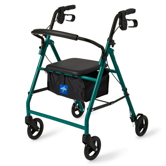Andador con ruedas Medline de aluminio con asiento, color verde, capacidad de peso de 113 kg, ligero, ruedas de 15 cm, plegable, asas ajustables, ideal para personas mayores.