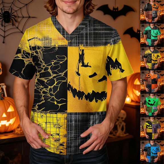 GrmtClth Halloween Color Block Patchwork Scrub Tops For Men V Neck Short Sleeve Pumpkin Bat All Over Print Soft Stretch Breathable Nursing Work Shirts With Side Pockets Yellow L
