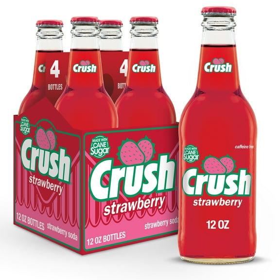 Crush Strawberry Soda Made with Sugar, 12 fl oz glass bottles, 4 pack