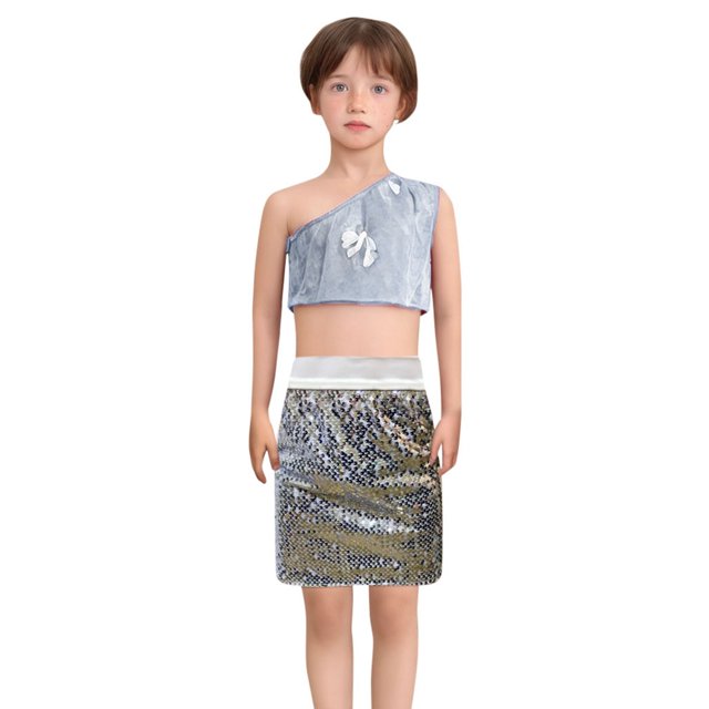 FAOWME Robe de Danse Enfant Jupe Portefeuille Extensible à Sequins Jupe Argent 2-10 Ans