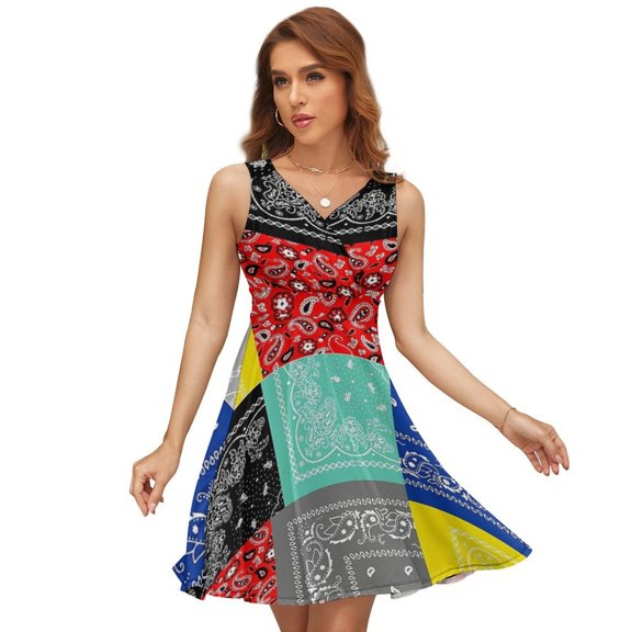 Bandana Paisley Patchwork Pattern Sleeveless Dress Women Summer Evening Dresses Ladies Sundress