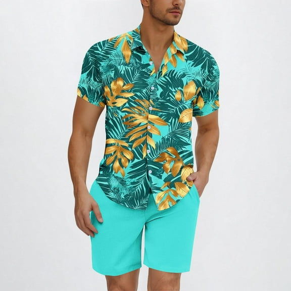 cllios Men's 2 Piece Outfits Tropical Print Short Sleeve Button Down Hawaiian Shirt and Beach Shorts Set Summer Holiday Sets