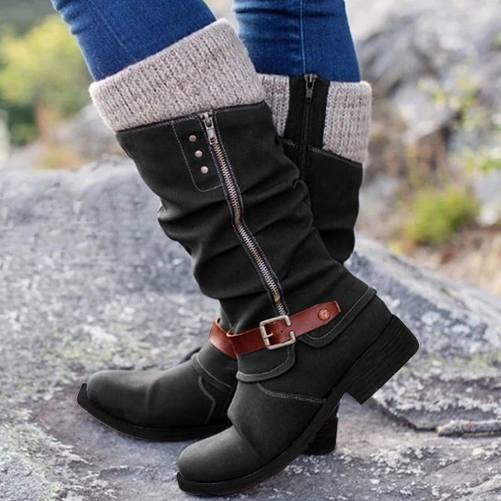 Women's High Heel Knee Boots Buckle Strap Flats Over The Knee Plus Size Shoes 