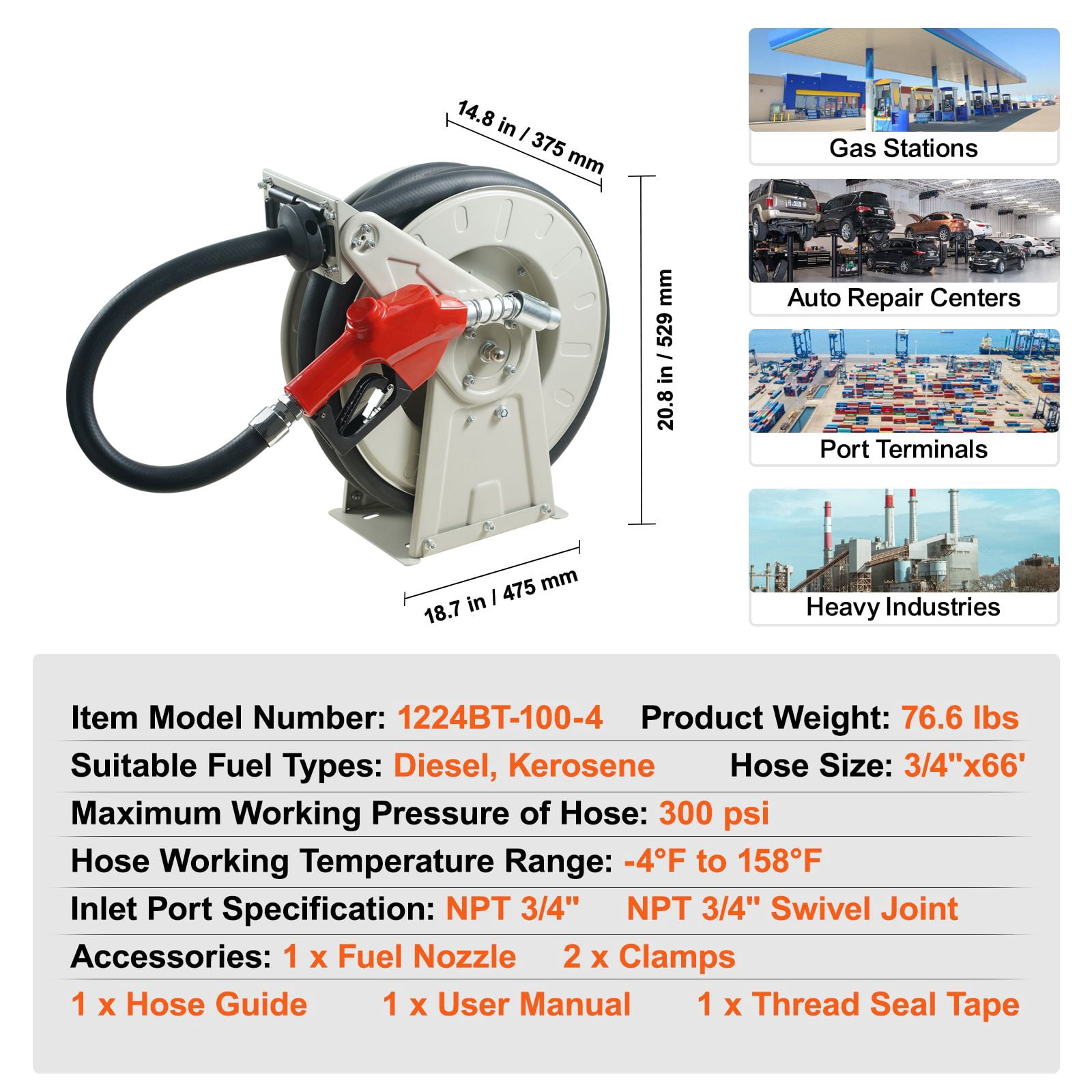 Extra Long 66' Retractable Diesel Fuel Hose Reel, 3/4" NBR Rubber Hose, Heavy-Duty Carbon Steel Construction with Automatic Nozzle, 300PSI for Aircraft/Ship/Vehicle/Tank Truck Refueling