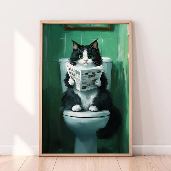 Funny Cat Bathroom Art – Black & White Cat Reading Newspaper, Quirky Toilet Wall Decor, Hilarious Cat Lover Gift Wall Art, Modern Wall Decor, 8x12 UNFRAMED