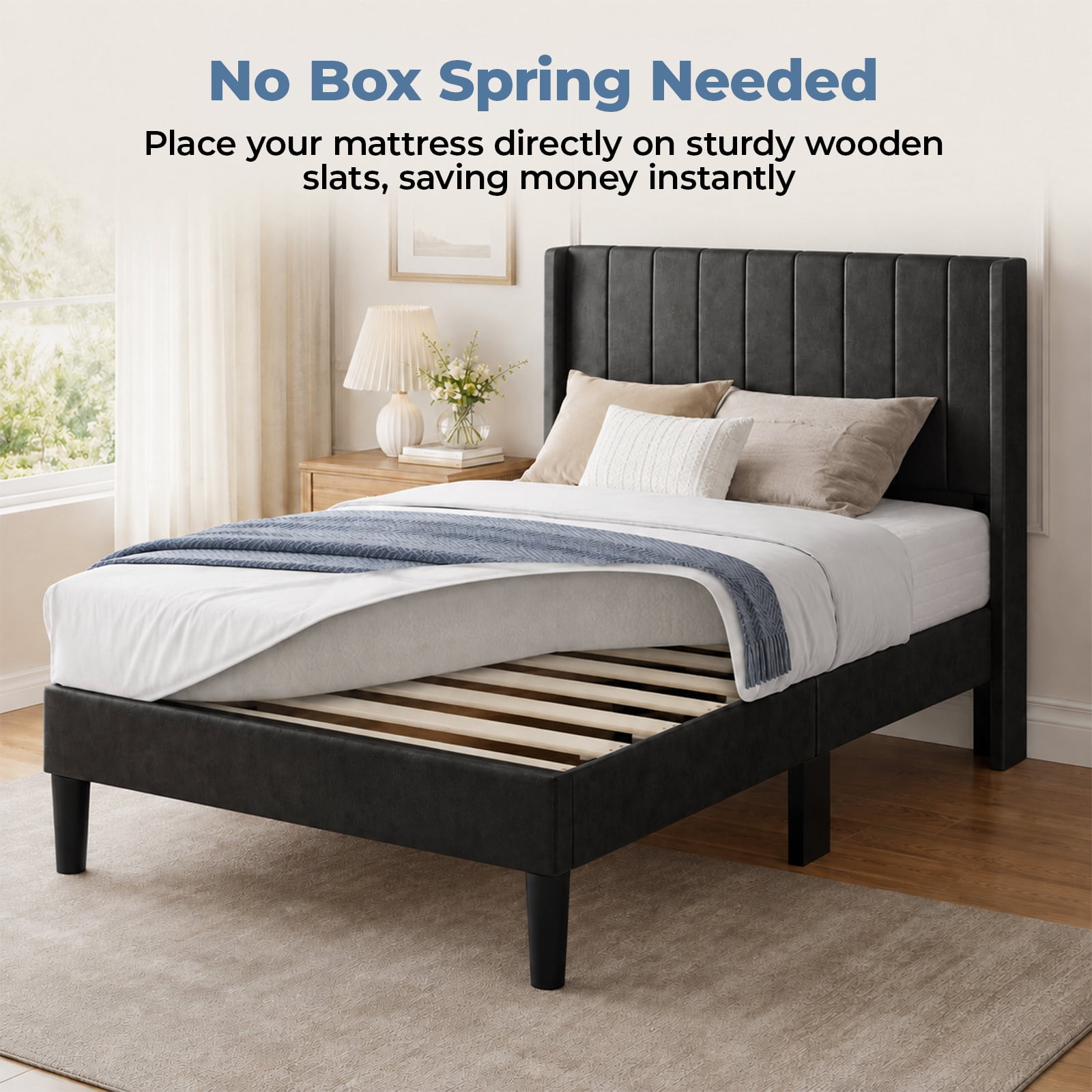Alvantor Upholstered Bed Frame, Fabric-covered Wing-shaped Headboard and Wooden Crossbars, Bed Frame with Storage Space, Easy Assembly, Noise Free, No Box Spring Needed