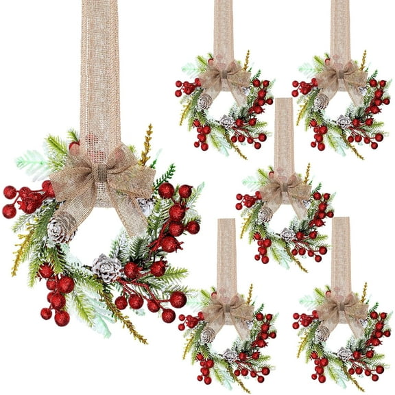 Guvpev 6 Set 9'' Mini Wreath for Kitchen Cabinet Small Christmas Wreath Real Touch Artificial Eucalyptus with Burlap Ribbon Berry Pine Cone Farmhouse for Xmas Window Front Door Chair Fireplace