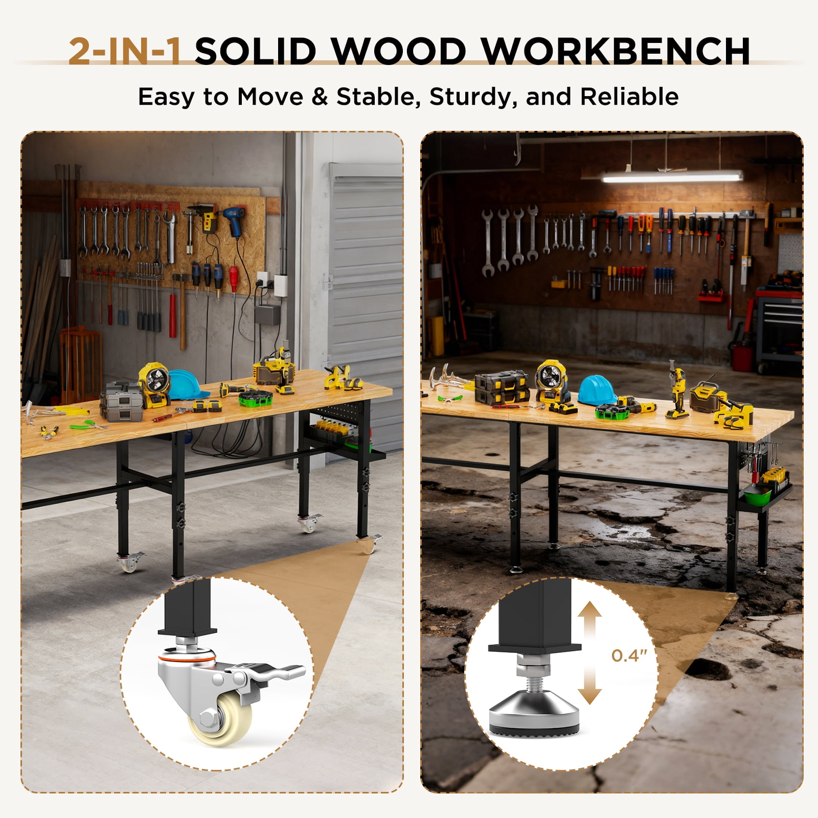96" Adjustable Workbench with Side Pegboard, Solid Wood Top, 2000 lbs Capacity, Adjustable Height Garage Work Table with Power Outlet, Storage Box, Wheels or Leveling Feet