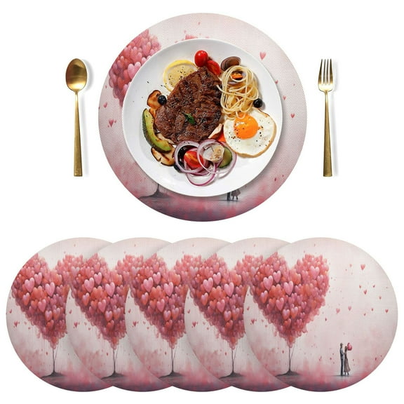 Valentine's Day Couple Hearts Black Round Placemats Plate Mats 15 Inch Non-Slip Heat Resistant Washable PVC Set Indoor for Kitchen Dining Table 1PC