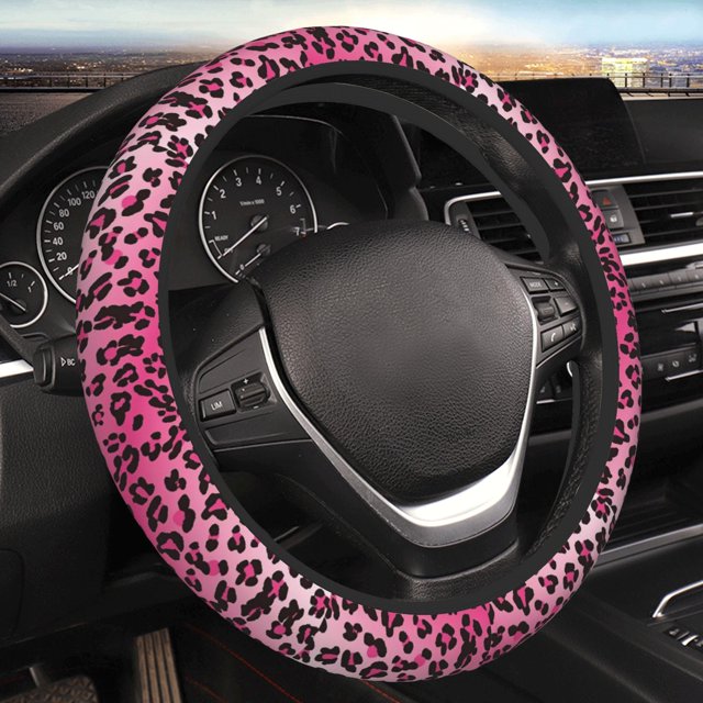 Funda para volante rosa para mujer, diseño de leopardo, protector antideslizante, transpirable, universal, 15 pulgadas, lindos accesorios para coche
