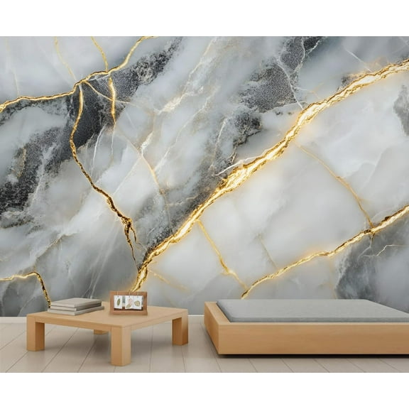 Modern Black And White Rendered Marble Texture Wall Mural, Abstract Golden Texture Photo Large Removable Wallpaper Mural Wall Decor For Bedroom Living Room 55"W x 28"H (Not Peel and Stick)