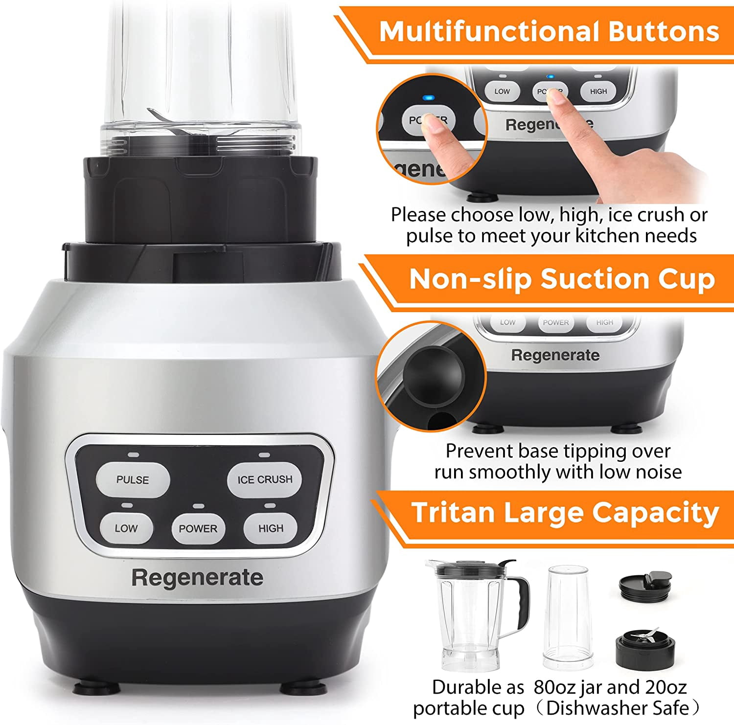 Countertop Blender for Kitchen, 1200W Powerful Smoothie Blender with 1.5L Glass Jar and Portable Travel Cup, 6-Blade System for Ice Crushing, Shakes & Smoothies, 21,000 RPM, Silver