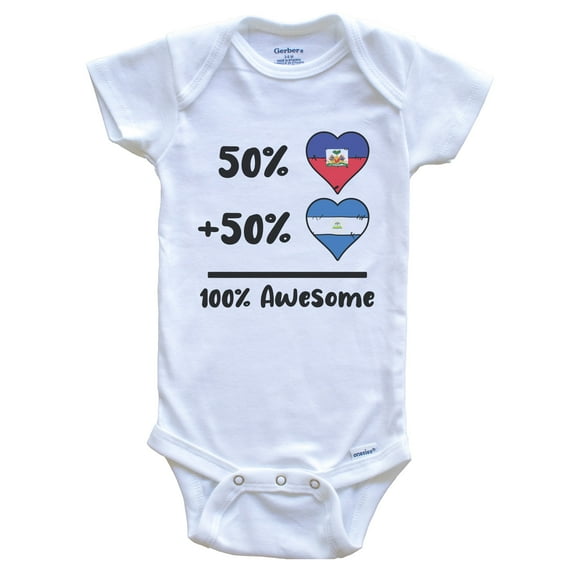 50% Haitian Plus 50% Nicaraguan 100% Awesome Haiti Nicaragua Heart Flags Baby Bodysuit, 0-3 months white