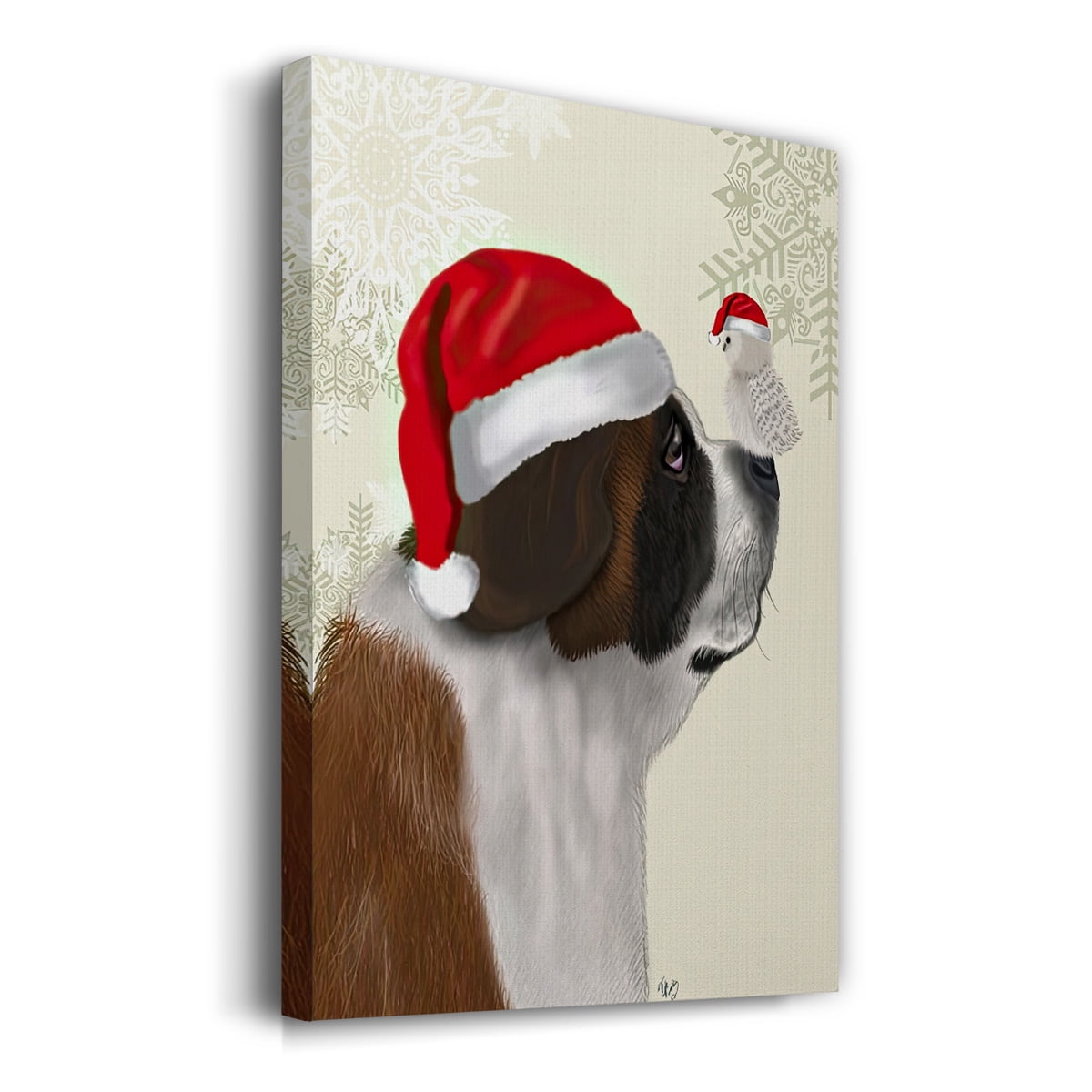 Christmas St Bernard and Fluffy Owl- Gallery Wrapped Canvas