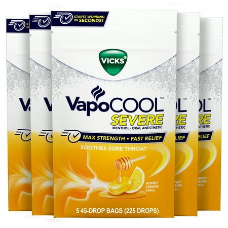 Vicks VapoCool Severe, Medicated Drops, Menthol Soothes Sore Throat Pain Caused by Cough, Honey Lemon Chill Flavor, 225 Drops (5 Packs of 45)