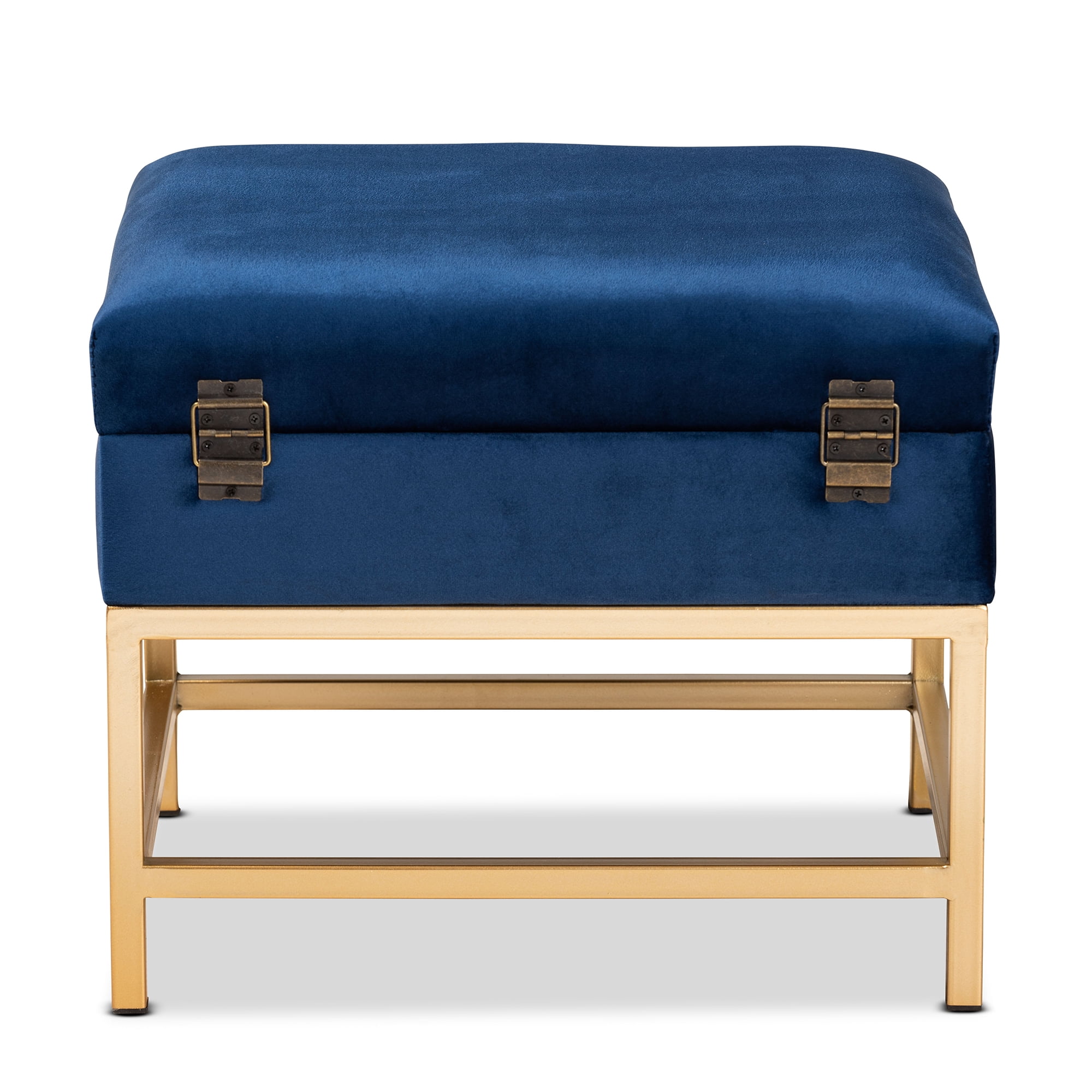 Baxton Studio Aliana Glam and Luxe Navy Blue Velvet Fabric Upholstered and Gold Finished Metal Small Storage Ottoman