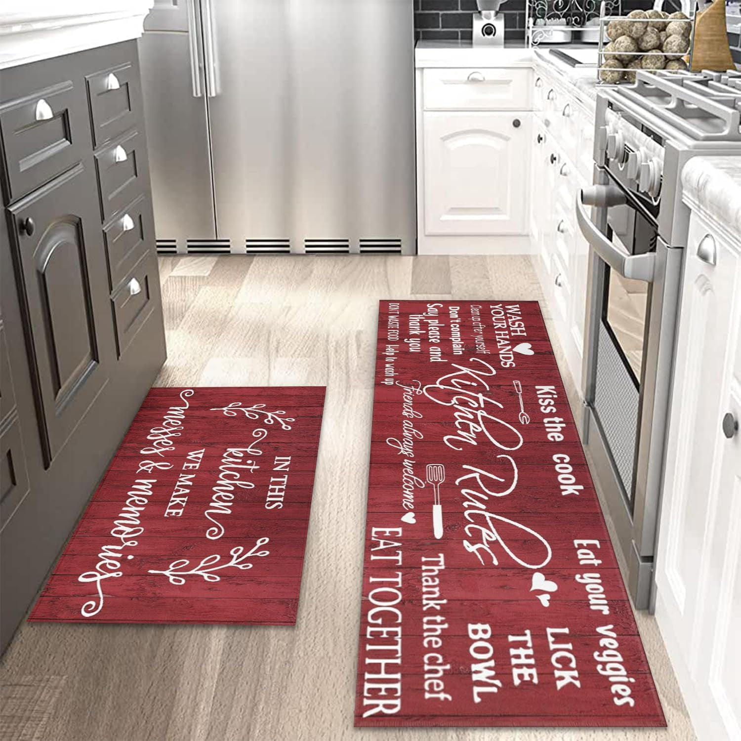 Red Farmhouse Kitchen Rug Sets of 2 Piece Non Slip Kitchen Rugs and Mats Washable Kitchen Mats for Kitchen Floor Mat Carpet Runner Rugs for Hallway Laundry Decor 17”x30“+17'''' X 47''''