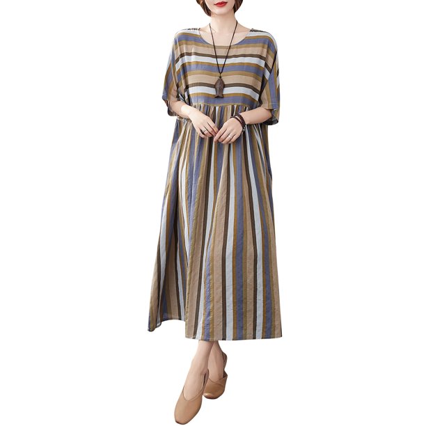 Vestido vintage de lino de algodón para mujer, estampado a rayas, cuello redondo, media manga, bolsi Abanopi Beige
