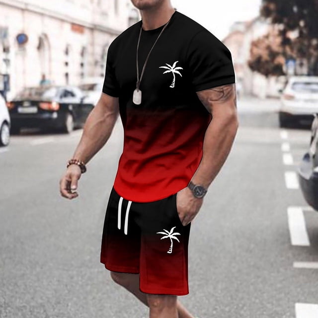 Men's Summer Tracksuit Athletic Suit Casual Color Block Drawstring Waist Plus Size Short Sleeve O Neck Activewear Set