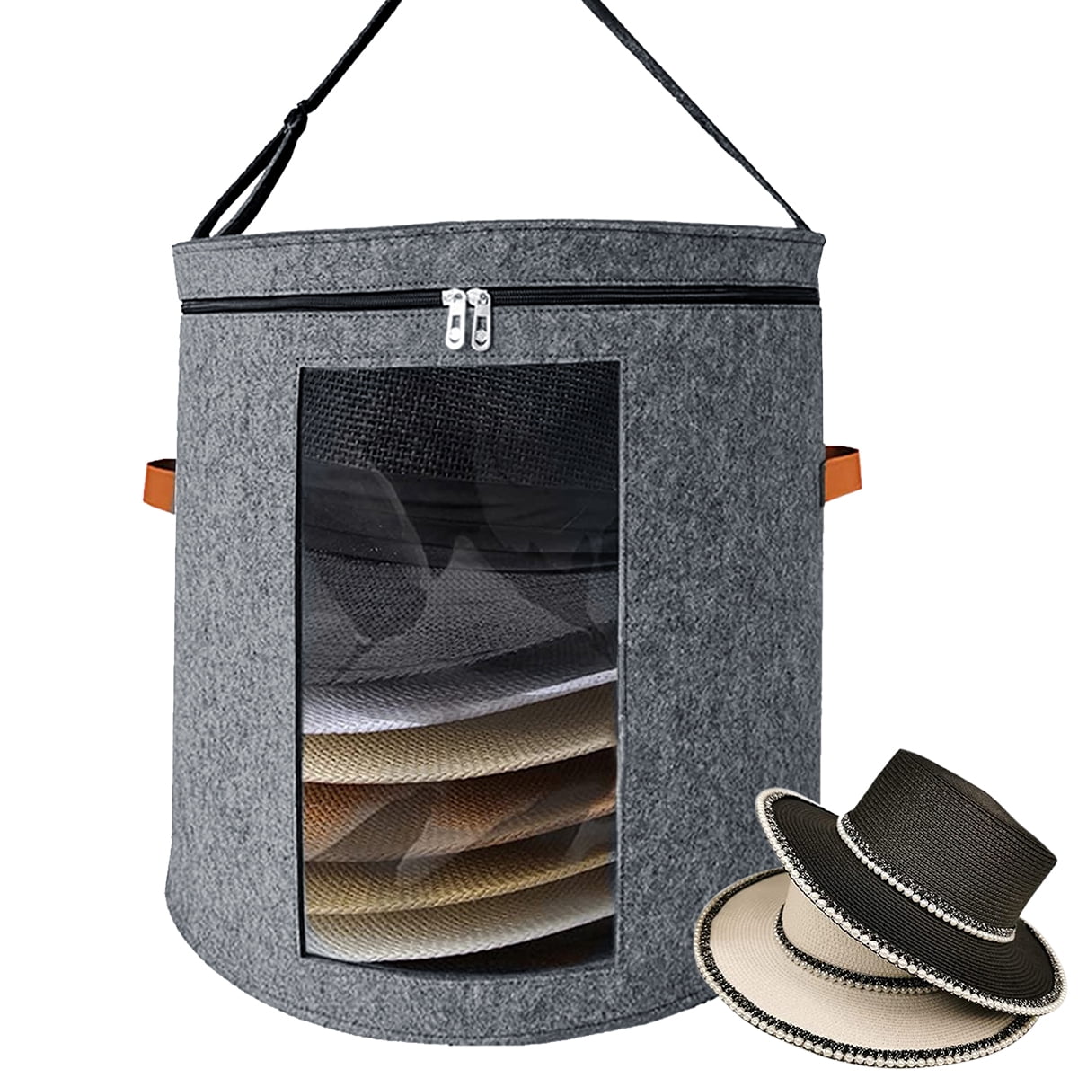 Round Hat Storage Box, 17 Diameter Felt Travel Hat Boxes for Women & Men  with Translucent Dustproof Lid and Shoulder Strap for Various Types of