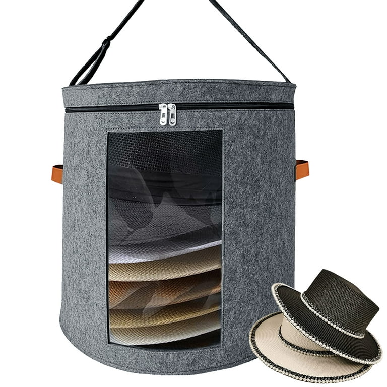 Oromyo Hat Storage Box with Zippered Lid Clear Window Adjustable Shoulder Strap 18.918.917in Felt Round Pop Up Hat Box Dustproof Foldable Large