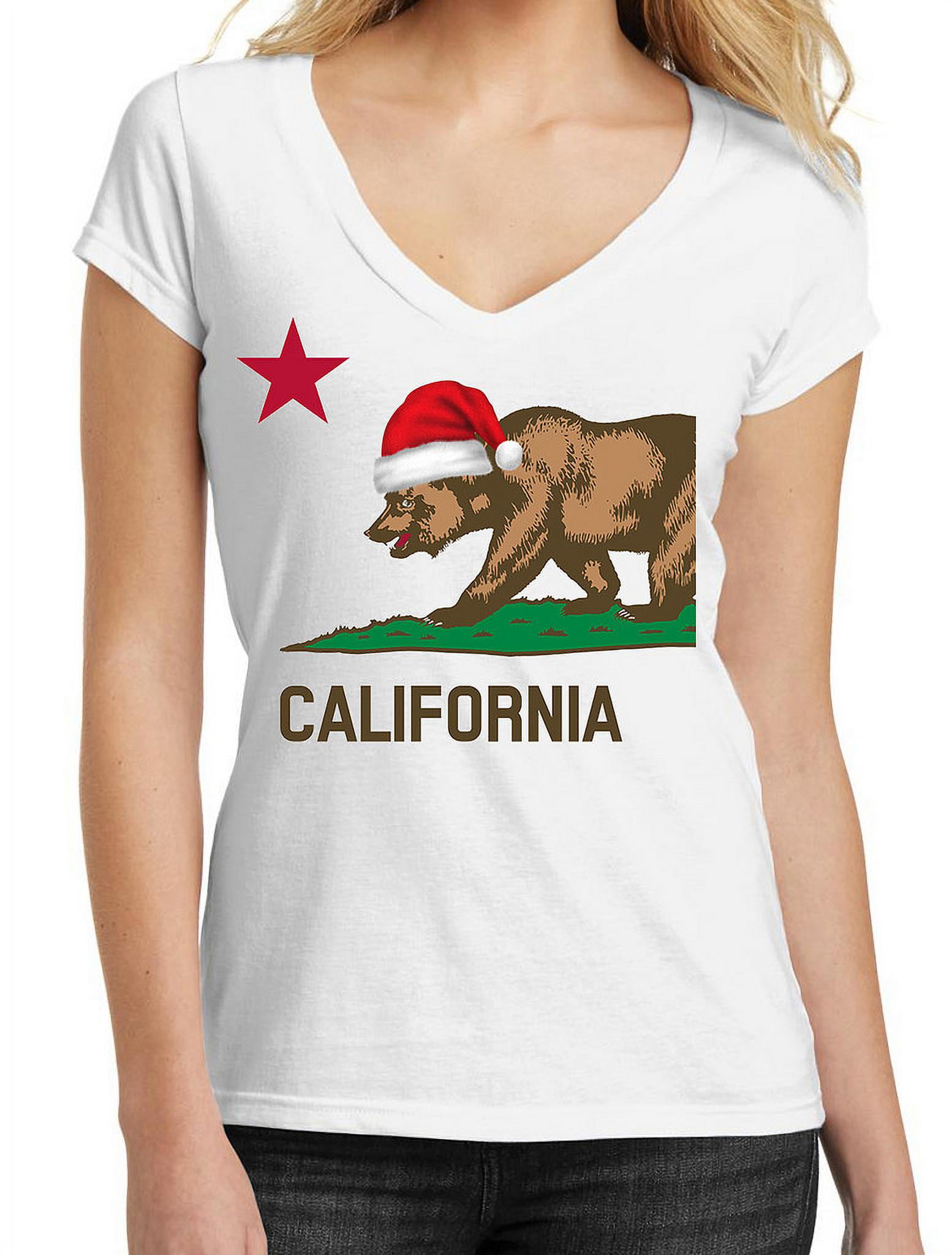 CALIFORNIA REPUBLIC V-Neck T-shirt Cali CA Tee Womens JUNIORS S-XL White New 