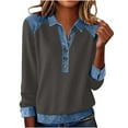 thumbnail image 3 of YanHoo Women Long Sleeve Denim Patchwork Shirts Lapel Collar Casual Button Up Western Pullover Tops Loose Fitted Color Block Sweatshirt Gray,XL, 3 of 7
