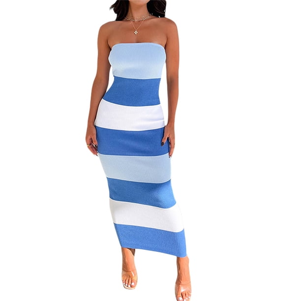 Lucakuins Mujer Bodycon Maxi Vestido Largo, Verano Sin Mangas Bandeau Contraste Color Acanalado Vestido de Punto Lucakuins moda