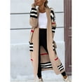 thumbnail image 4 of Women's Vintage Open Front Knit Striped Long Sleeves Maxi Long Cardigan Sweater with Pockets Camel L, 4 of 6